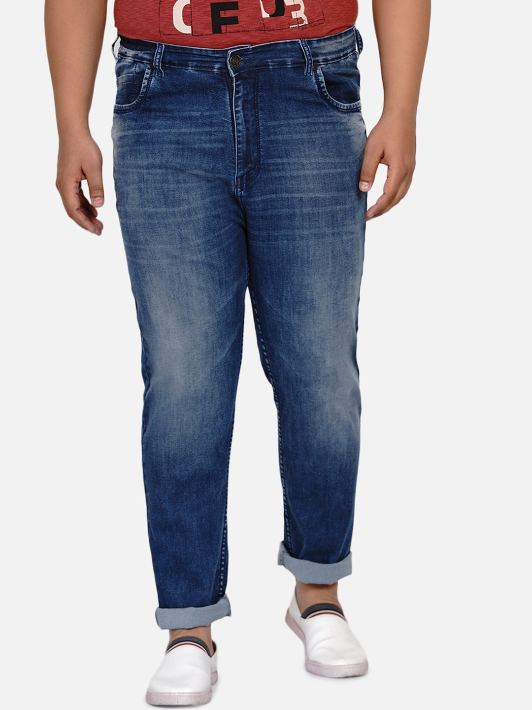 

John Pride Plus Size Men Regular Fit Clean Look Mid Rise Heavy Fade Stretchable Jeans, Blue