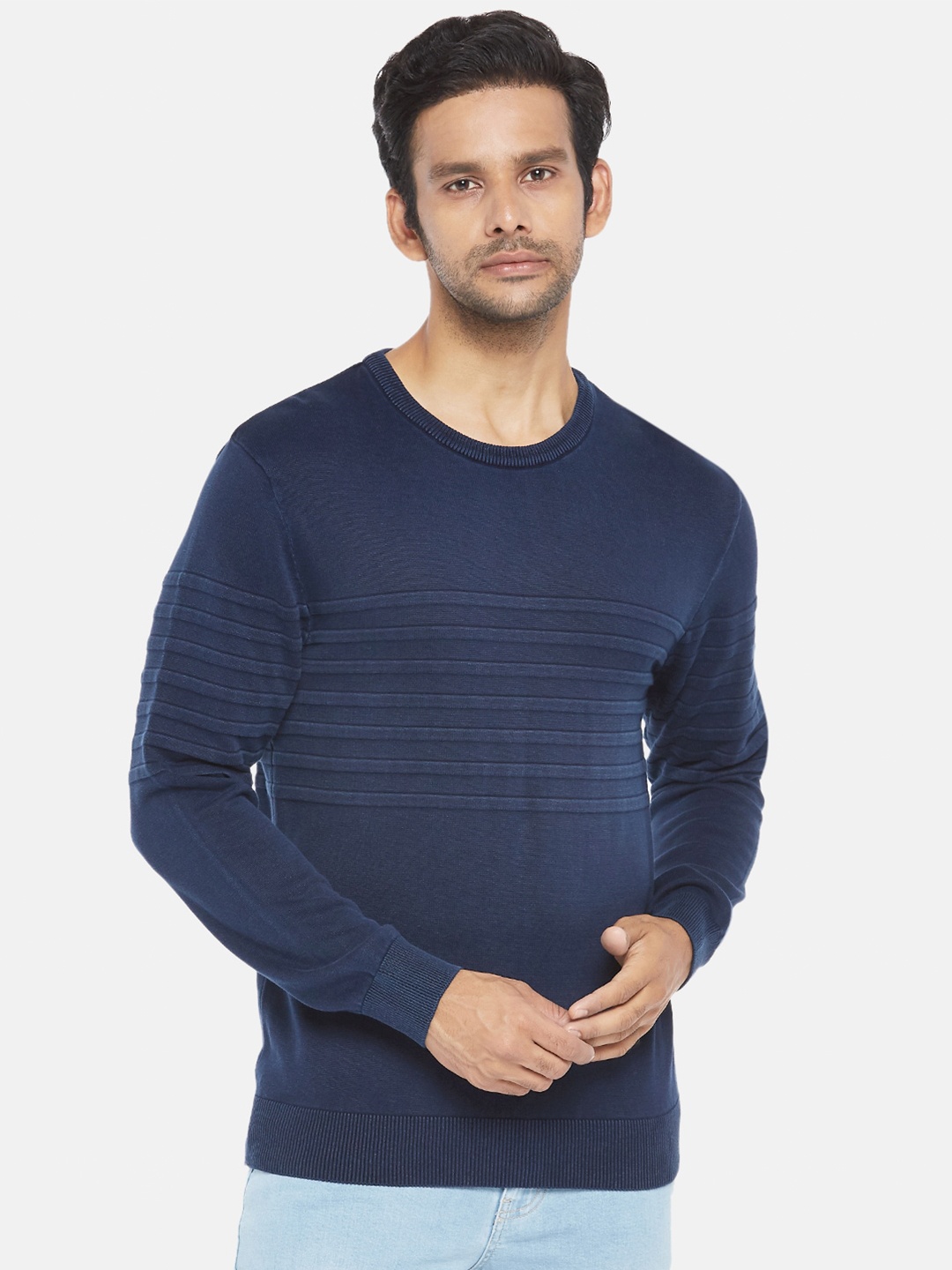 

BYFORD by Pantaloons Men Blue Striped Pure Cotton Pullover