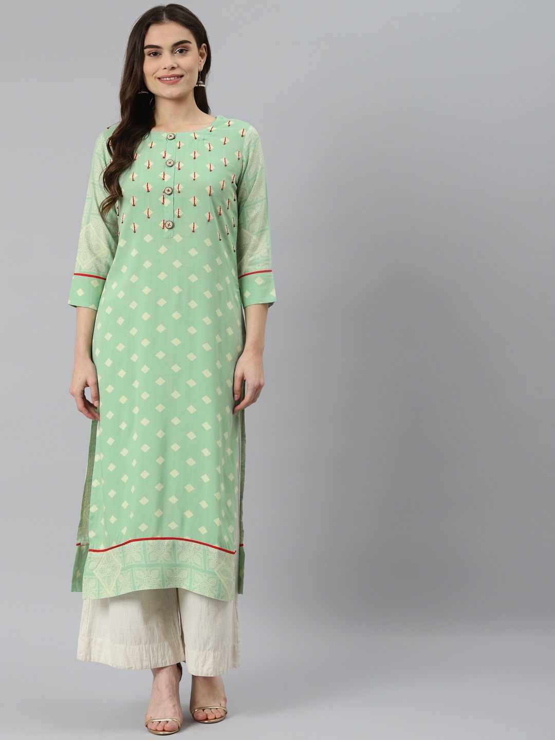 

Nehamta Women Green & Red Ethnic Motifs Printed Kurta