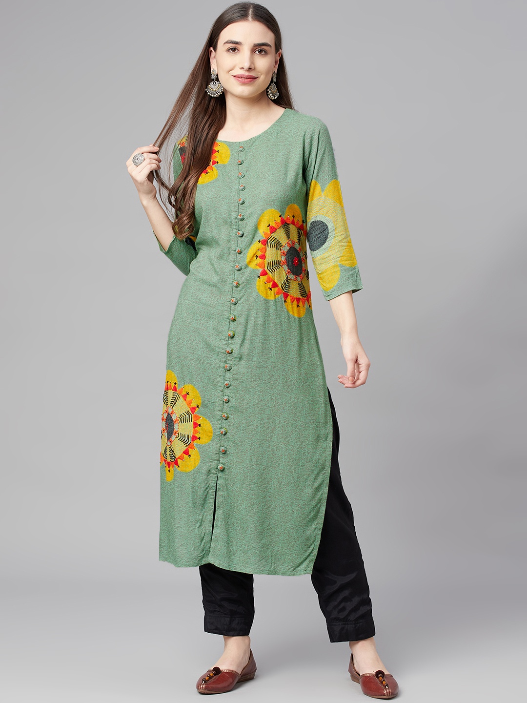 

Nehamta Women Green & Yellow Ethnic Motifs Printed Kantha Work Kurta