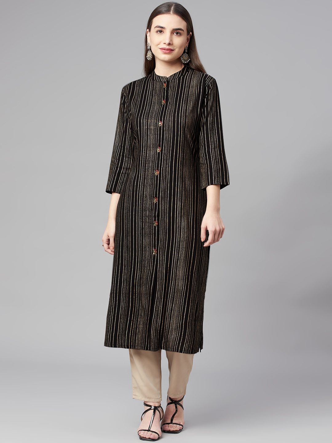 

Nehamta Women Black & Gold-Toned Striped Kurta