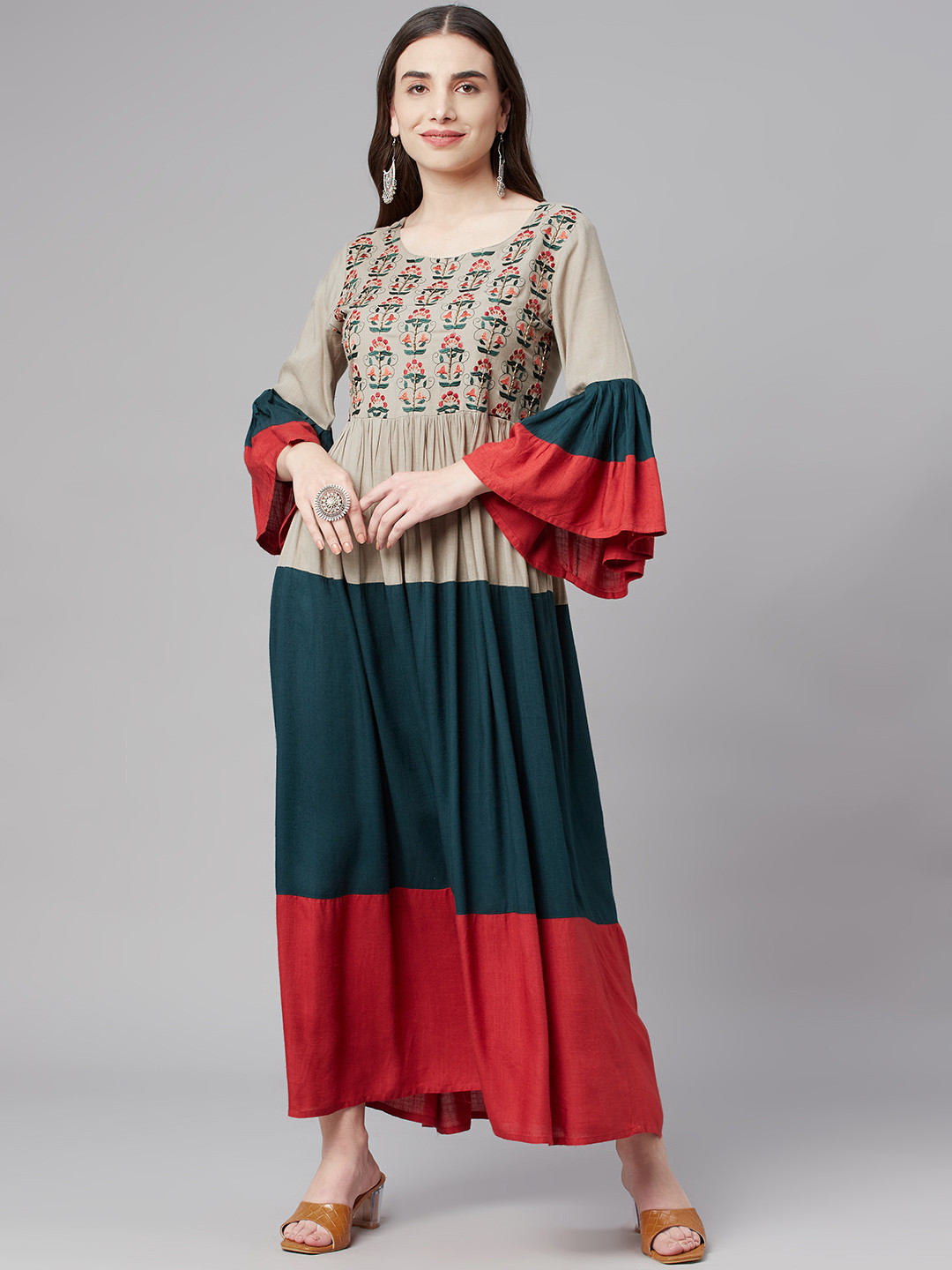 

Nehamta Sage Green & Red Colourblocked A-Line Midi Dress