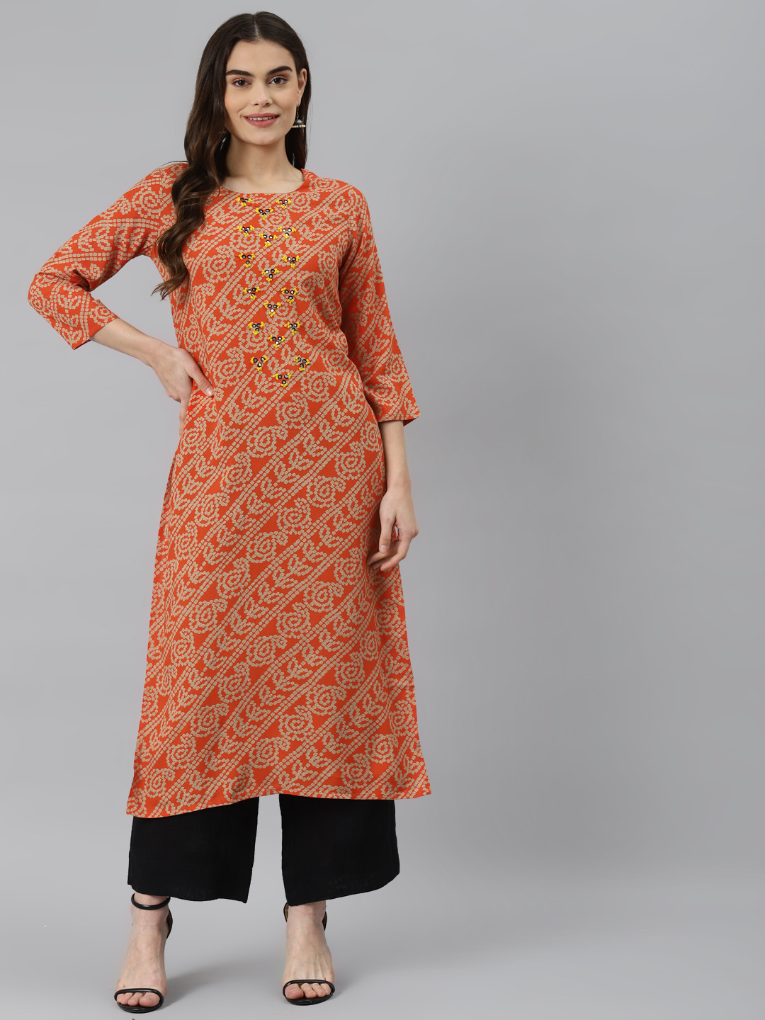 

Nehamta Women Orange & Beige Bandhani Printed Kurta