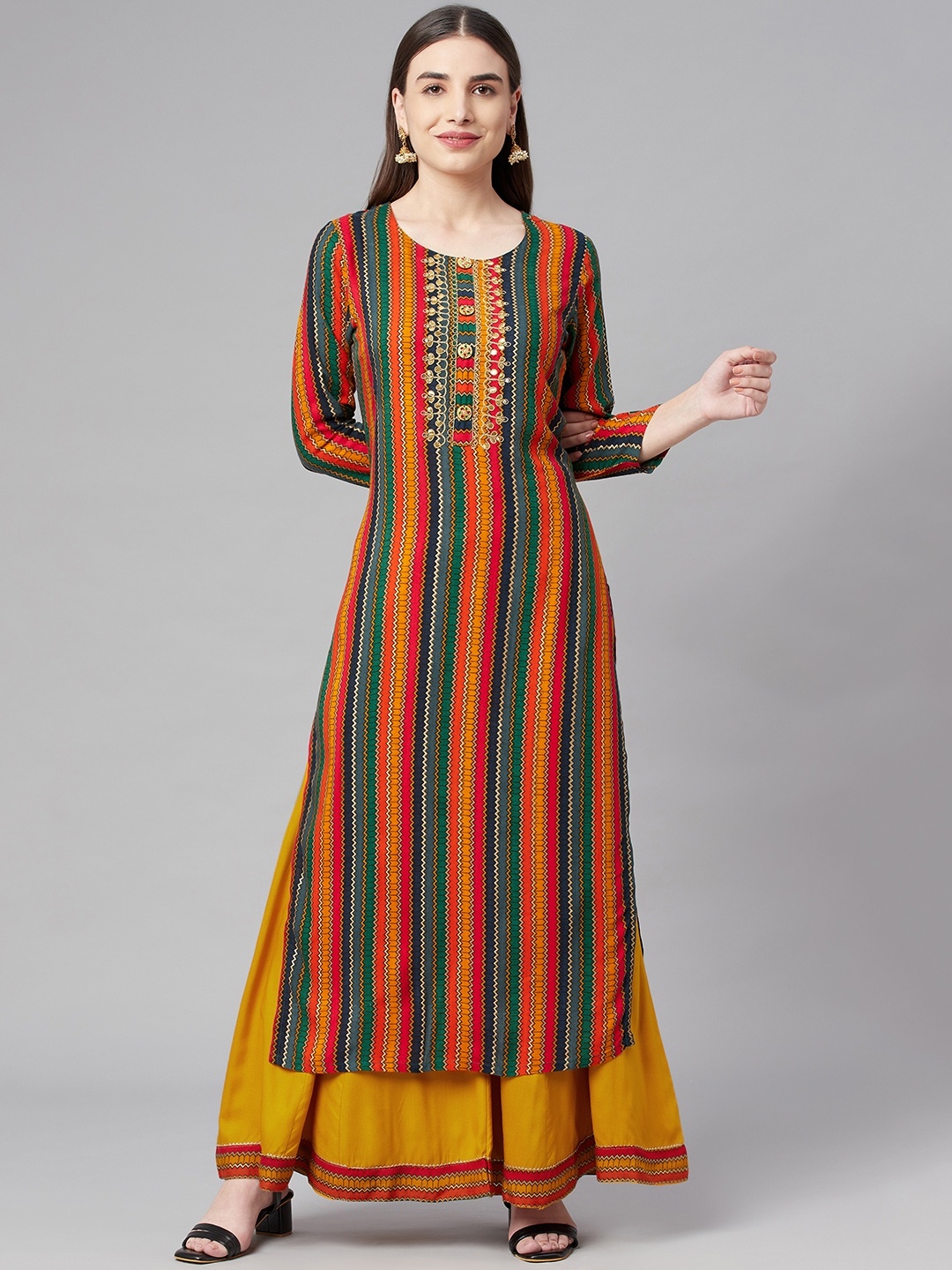 

Nehamta Women Mustard Yellow Printed Kurta with Palazzos
