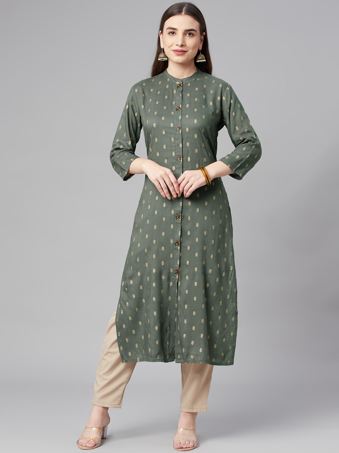 

Nehamta Women Olive Green & Gold-Toned Polka Dots Printed Kurta