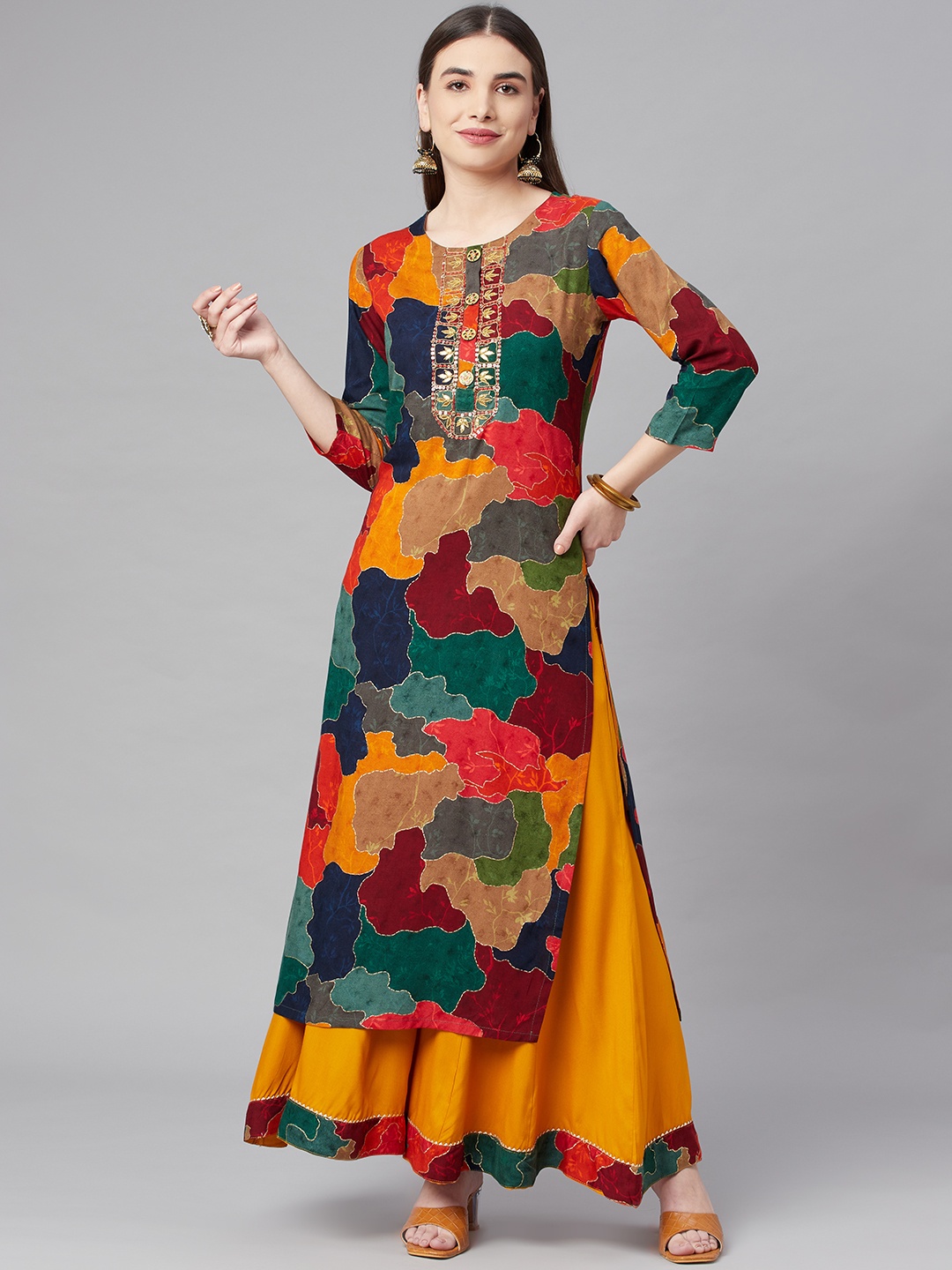 

Nehamta Women Mustard Yellow Ethnic Motifs Printed Gotta Patti Kurta with Palazzos