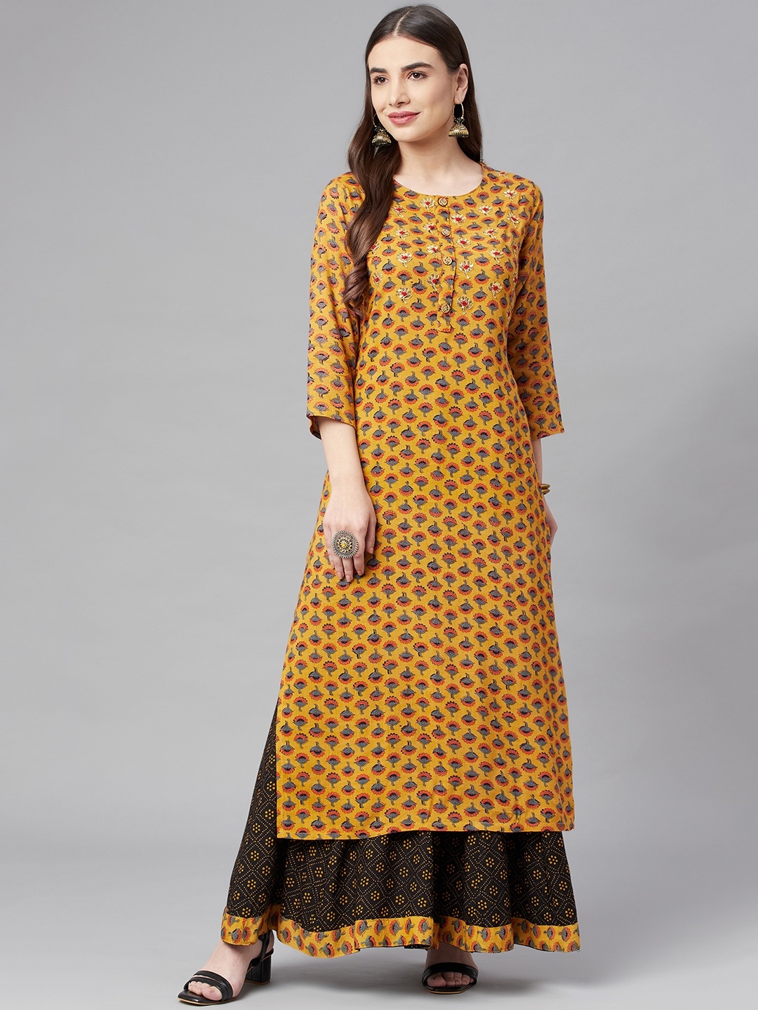 

Nehamta Women Mustard Yellow Floral Printed Gotta Patti Kurta with Palazzos