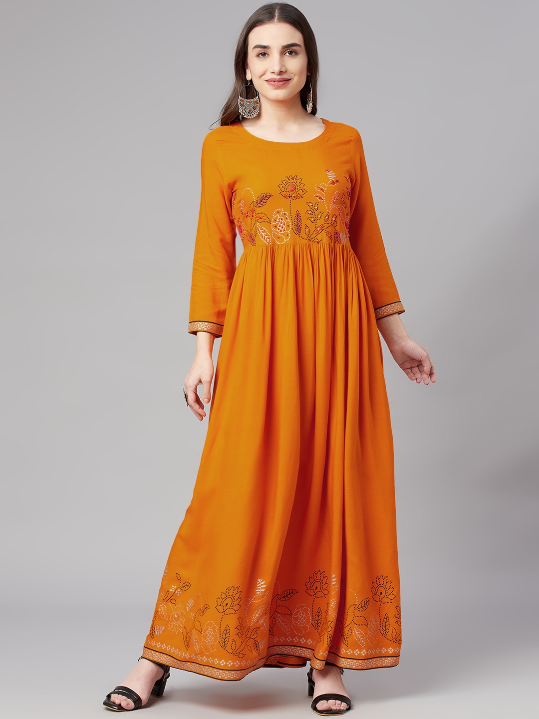 

Nehamta Orange Solid Maxi Ethnic Dress