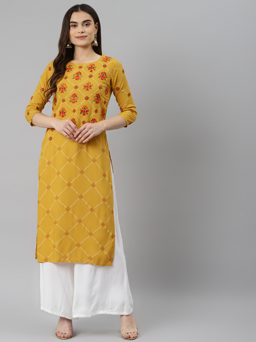 

Nehamta Women Mustard Yellow & Red Ethnic Motifs Printed Kantha Work Kurta