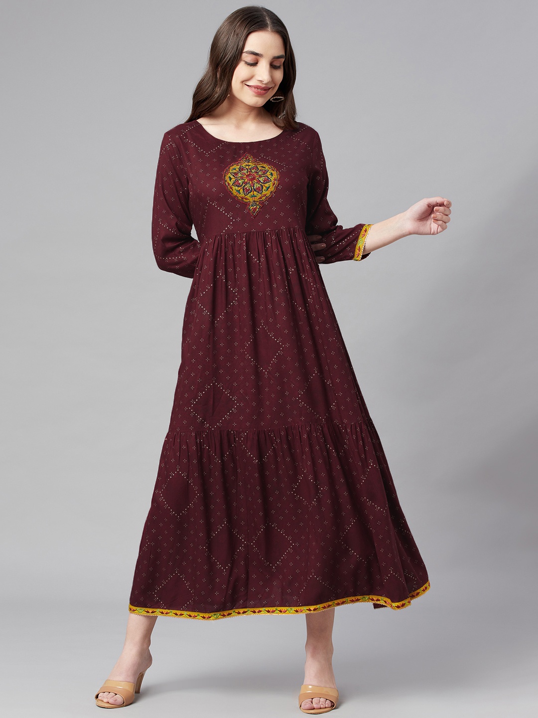

Nehamta Burgundy Geometric Printed Maxi Dress