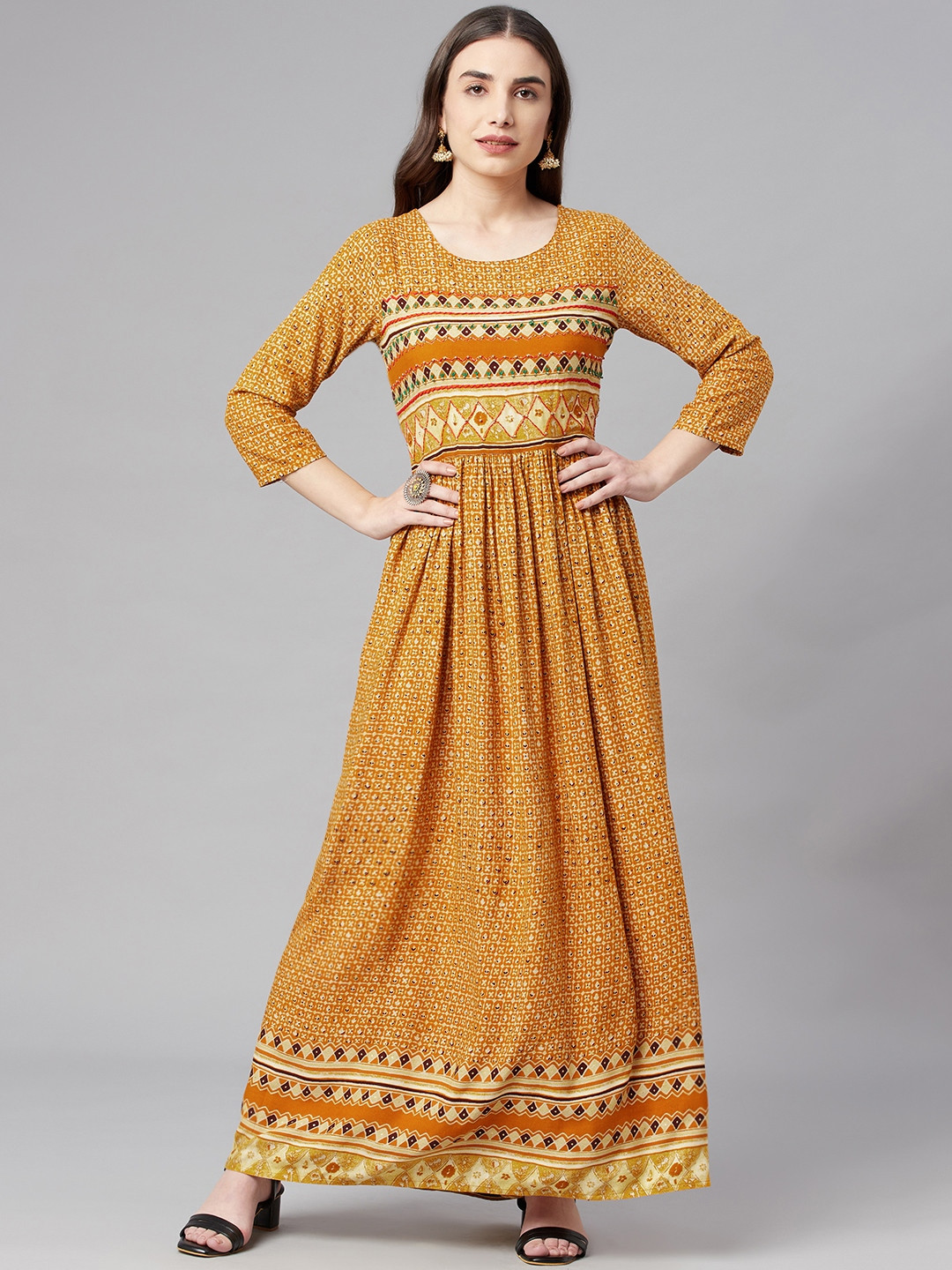 

Nehamta Mustard Yellow & Orange Geometric Printed Maxi Dress