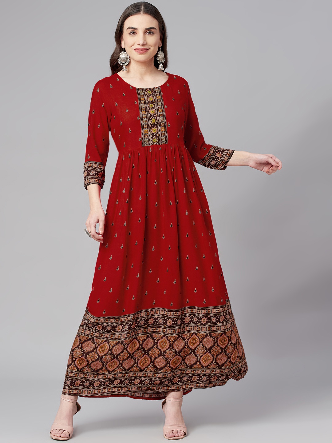 

Nehamta Red & Brown Ethnic Motifs Printed Maxi Dress