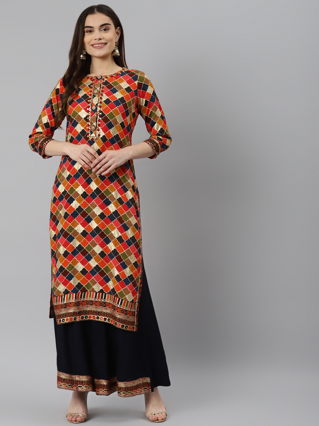 

Nehamta Women Brown Printed Gotta Patti Kurta with Palazzos