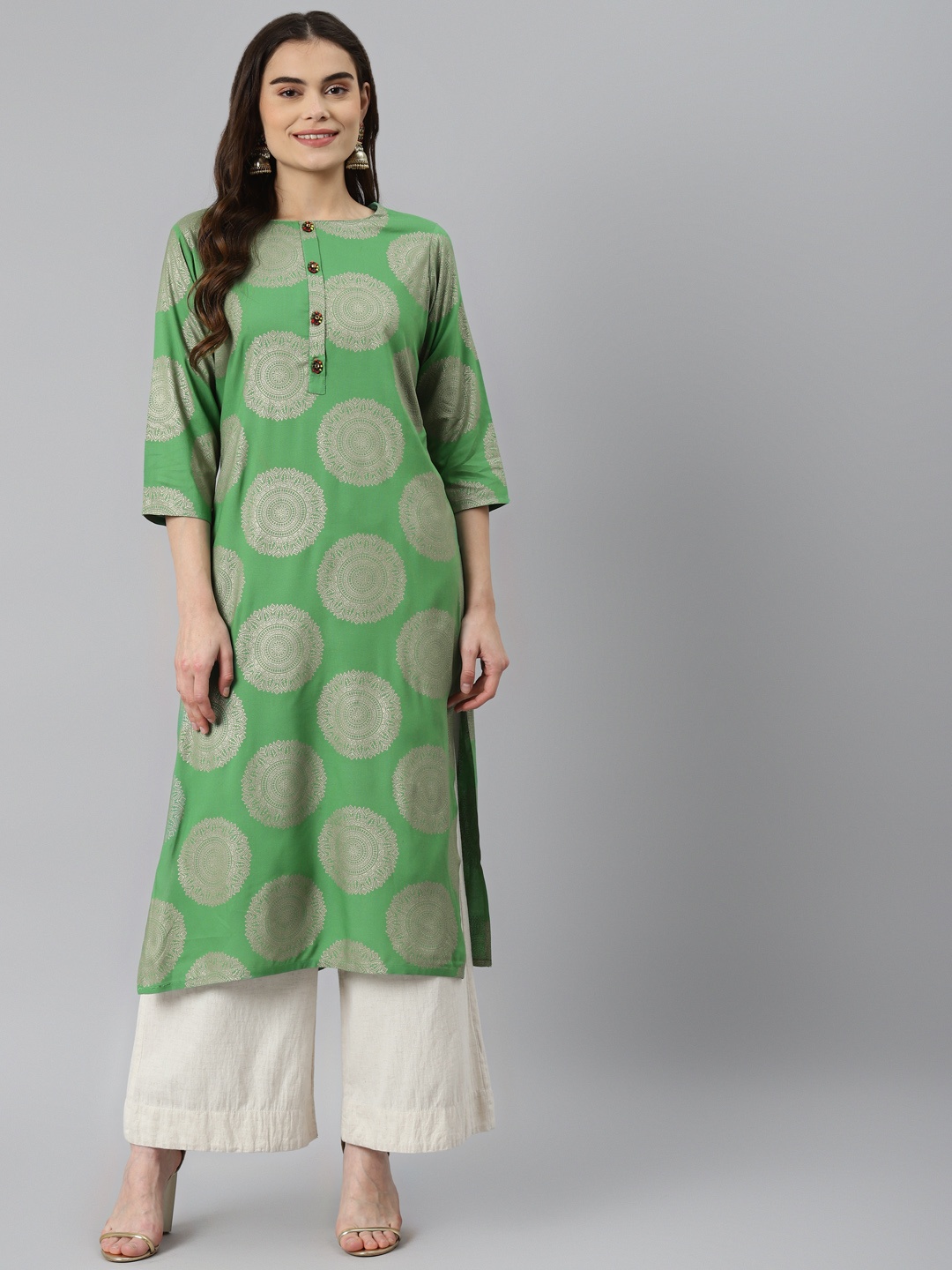 

Nehamta Women Green & Grey Ethnic Motifs Printed Kurta