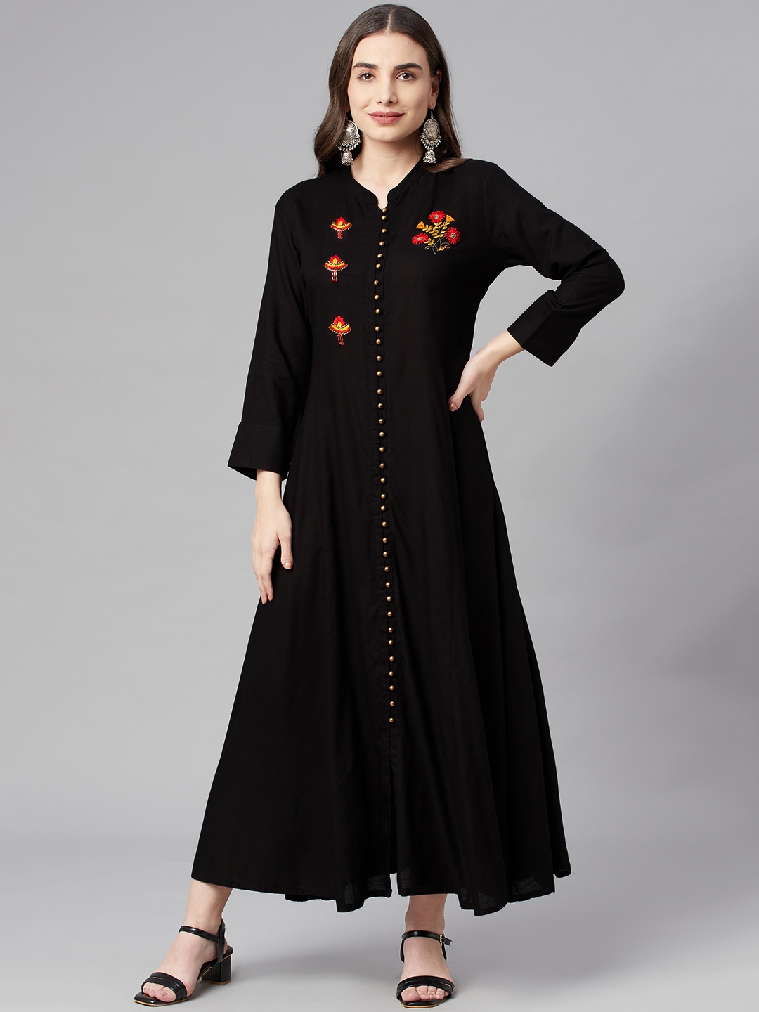 

Nehamta Black & Red Floral Embroidered A-Line Maxi Dress