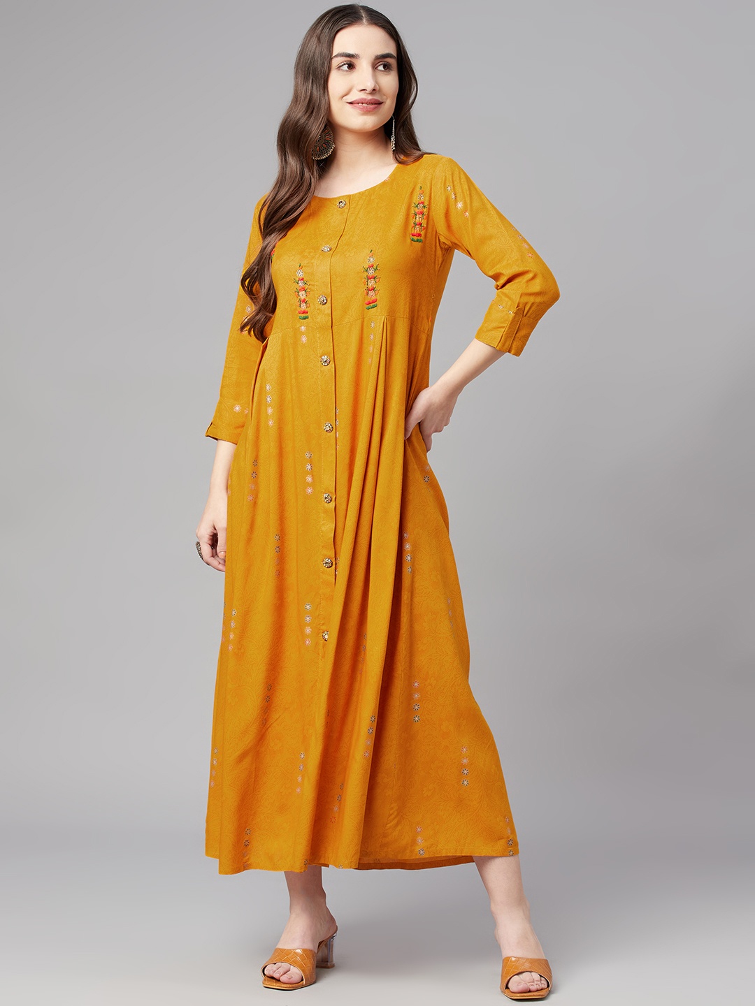 

Nehamta Mustard Yellow Floral Printed Maxi Dress