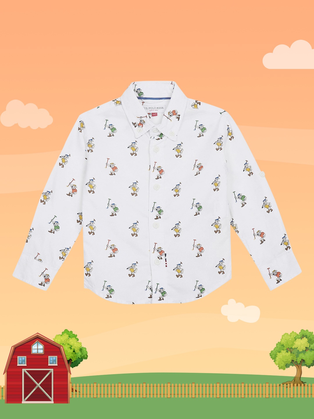 

U.S. Polo Assn. Kids Boys White Opaque Graphic Printed Button Down Collar Casual Shirt