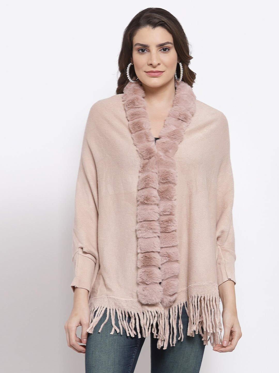 

Mafadeny Women Peach-Coloured Longline Poncho with Fuzzy Detail
