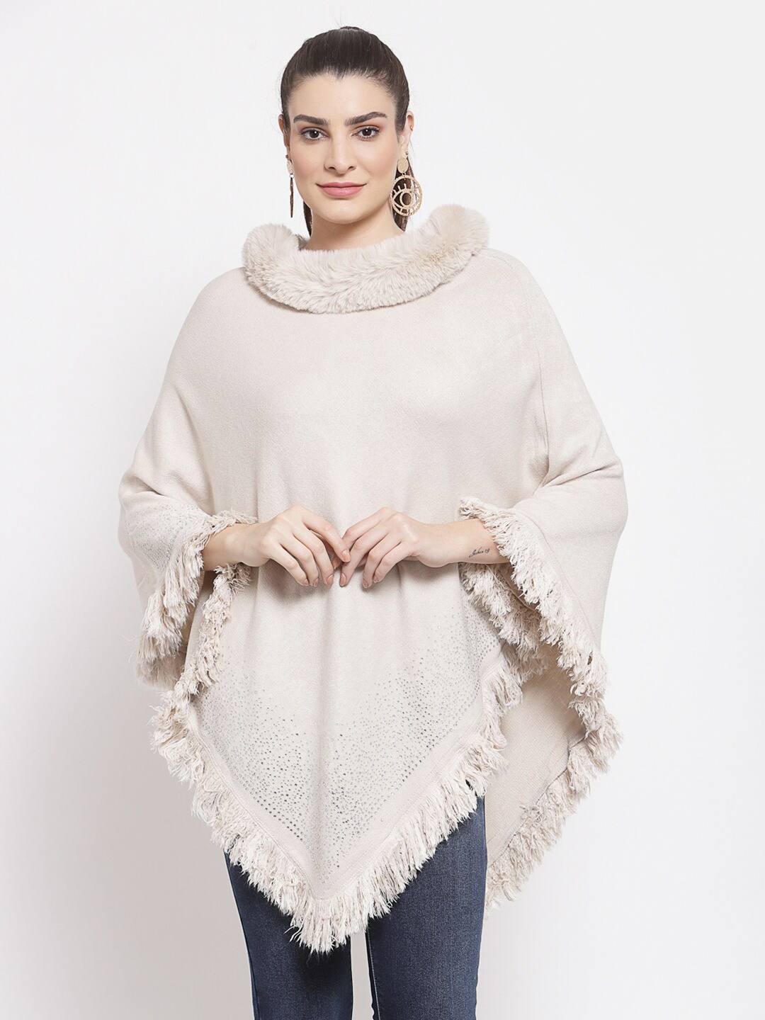 

Mafadeny Women Cream Embellished Longline Poncho With Fringed Detailing