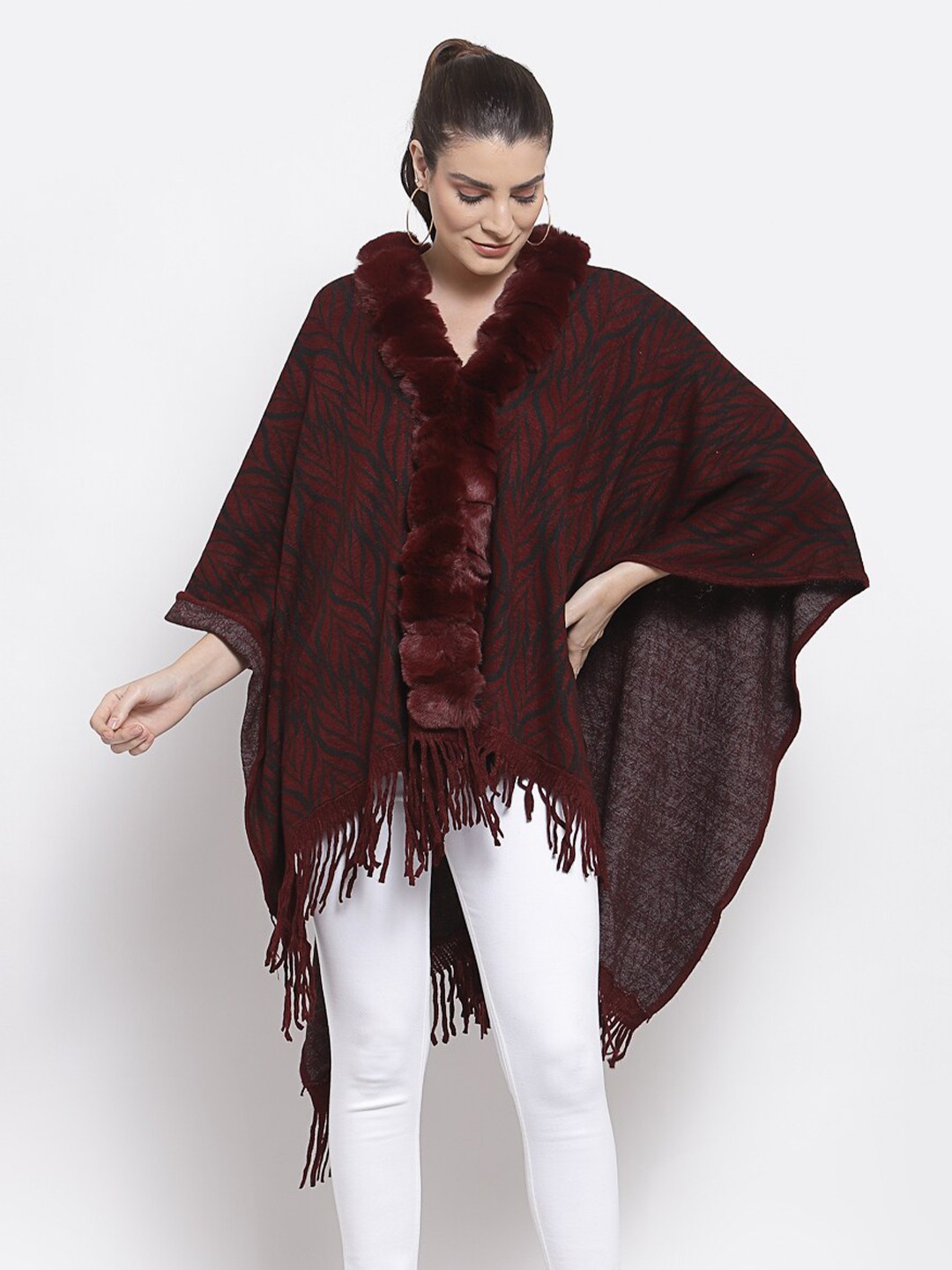 

Mafadeny Women Maroon Floral Poncho with Fringed Detail