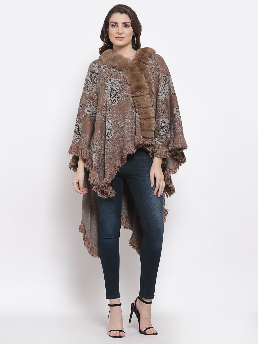 

Mafadeny Women Brown Self Design Poncho