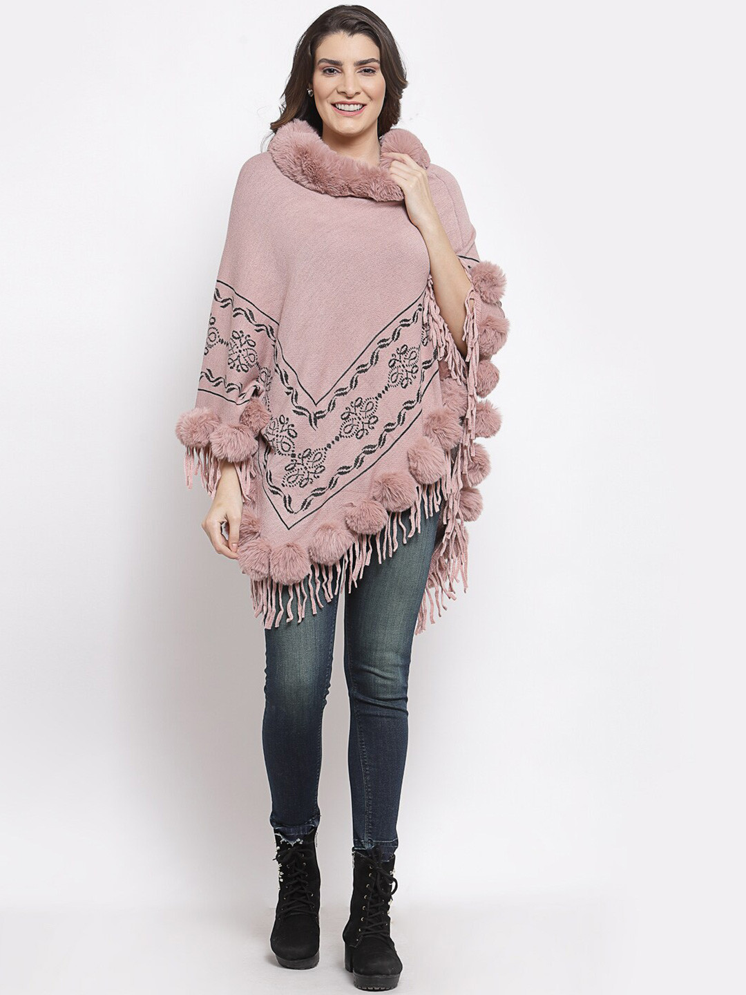 

Mafadeny Women Peach & Black Ethnic Self Design Longline Poncho With Fringed Detailing