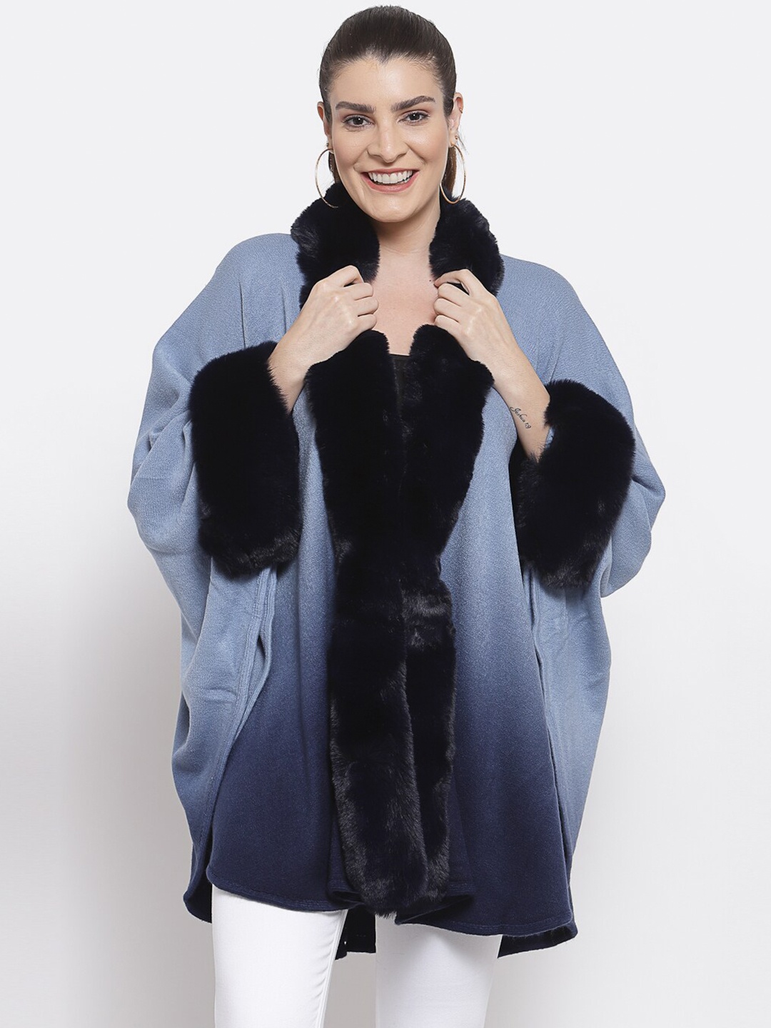 

Mafadeny Women Navy Blue & Blue Ombre-Dyed Poncho