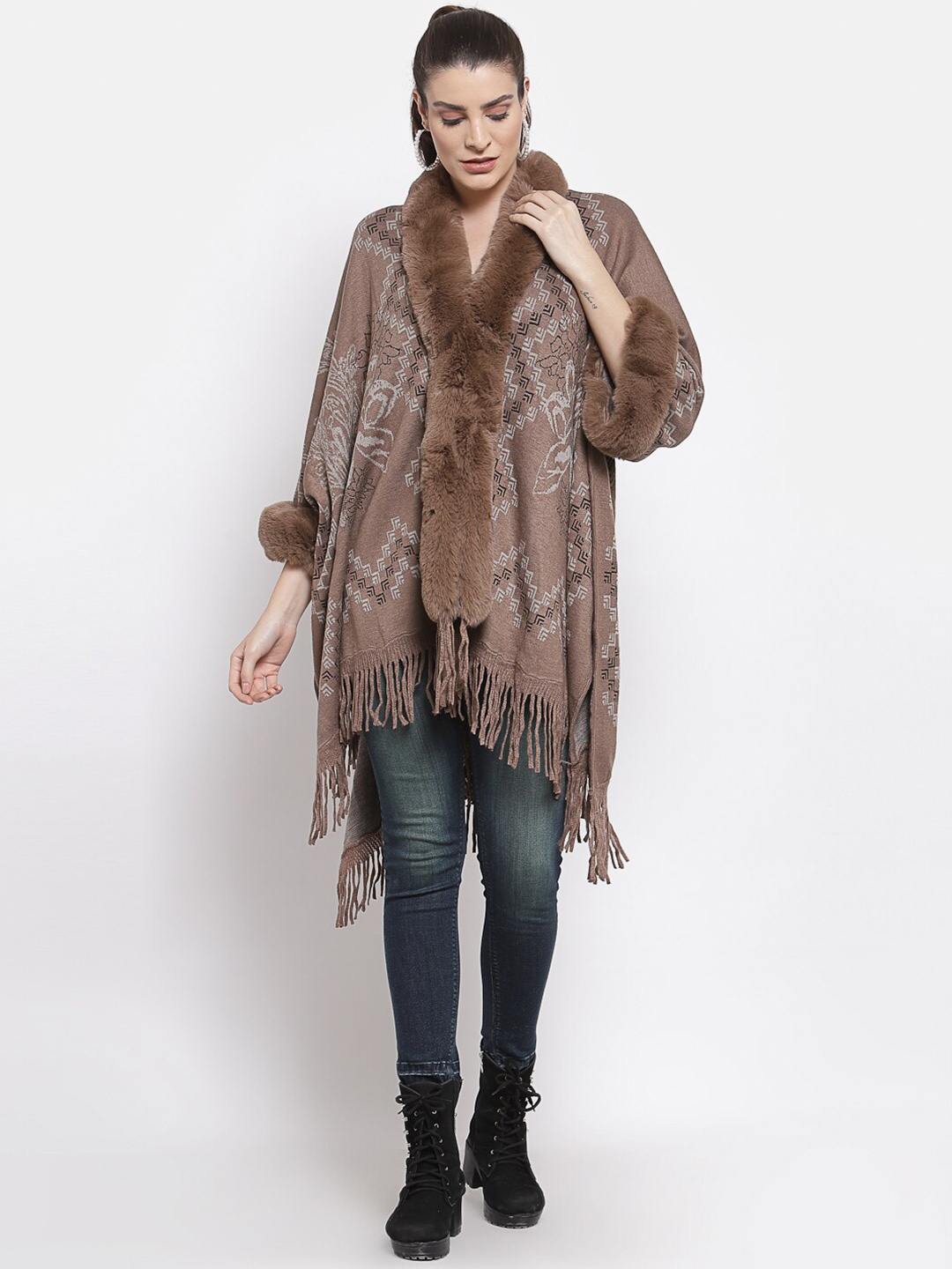 

Mafadeny Women Khaki & Grey Poncho