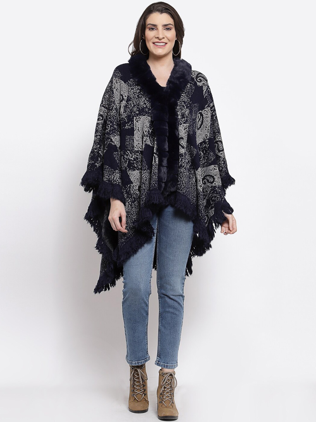 

Mafadeny Women Navy Blue & Grey Asymmetric Poncho with Fringed Detail