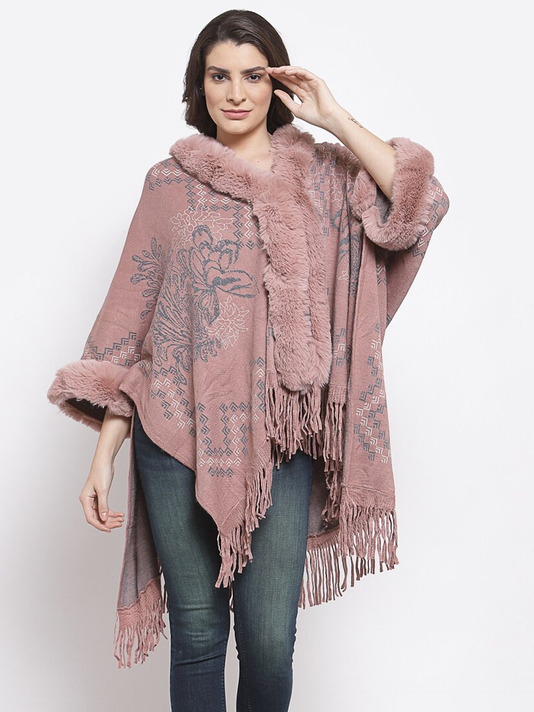 

Mafadeny Women Peach& Grey Floral Printed Fringed Detail Poncho