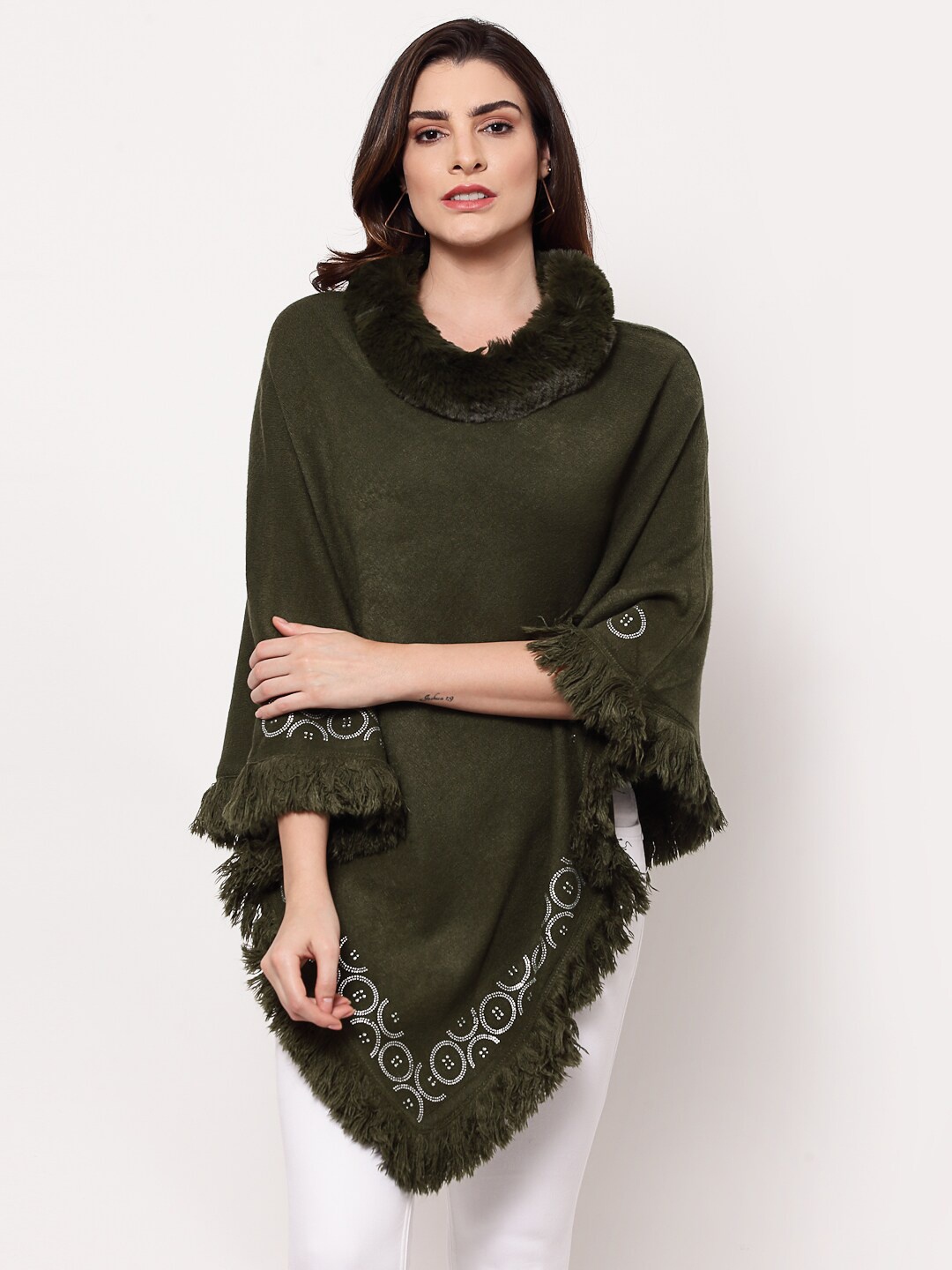 

Mafadeny Women Green & Silver-Toned Solid Poncho with Fuzzy Detail