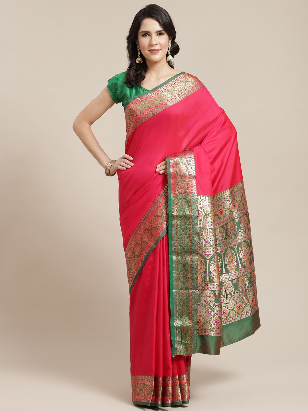 

SHANGRILA Pink & Green Ethnic Motifs Zari Art Silk Saree