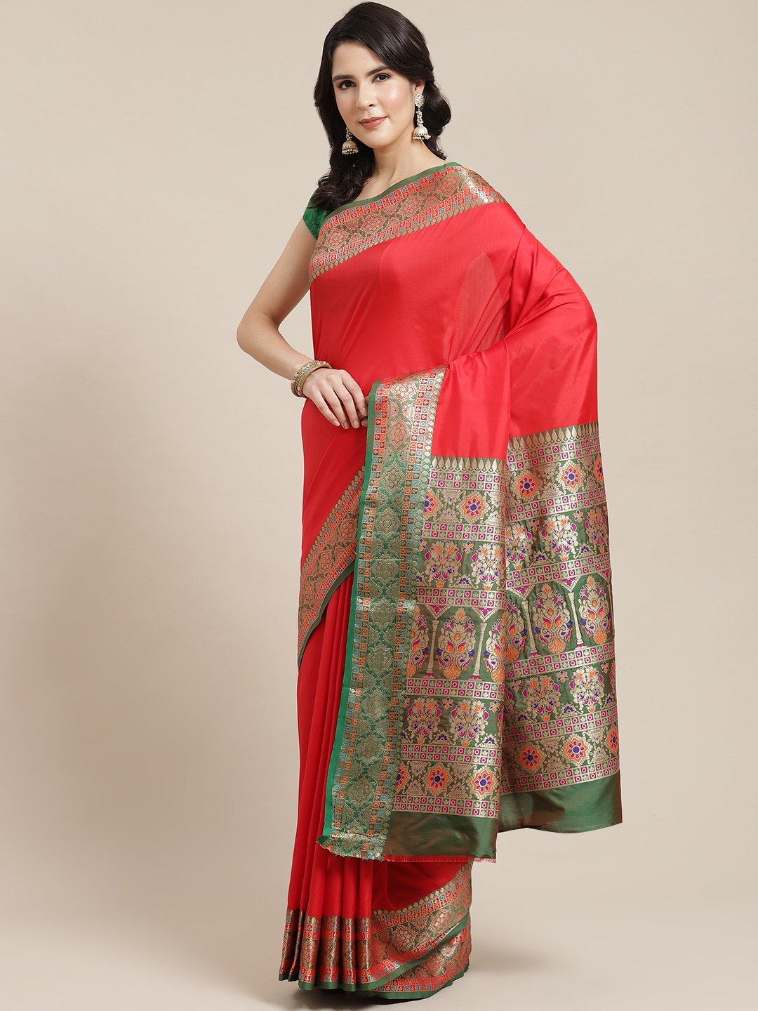 

SHANGRILA Red & Green Zari Art Silk Saree