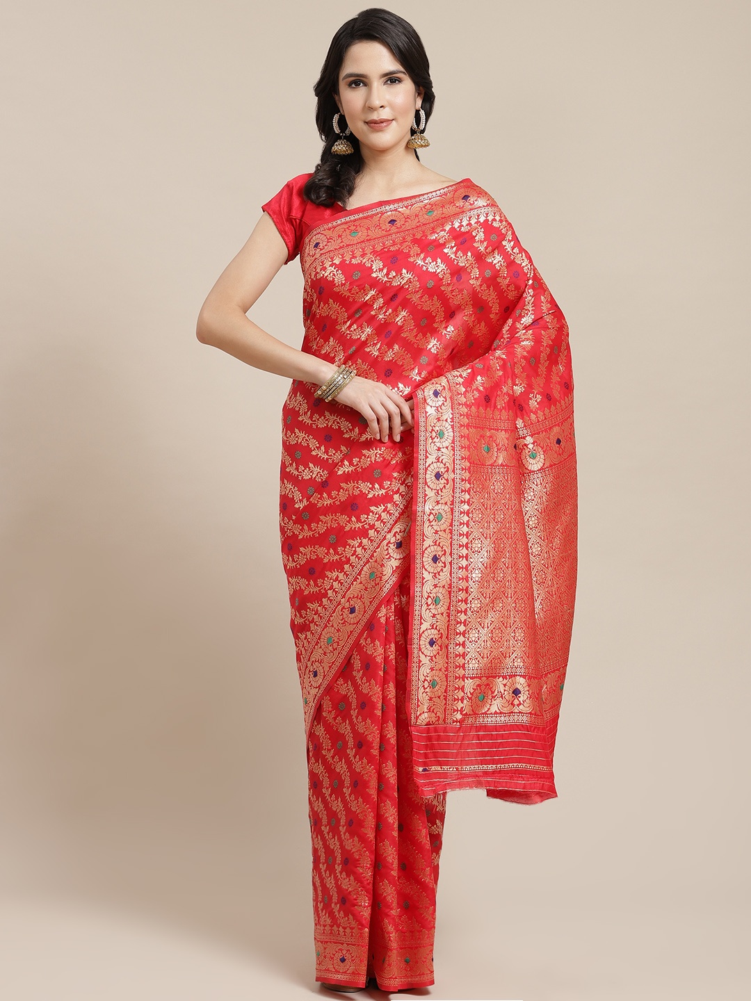 

SHANGRILA Red & Gold-Toned Ethnic Motifs Zari Art Silk Saree