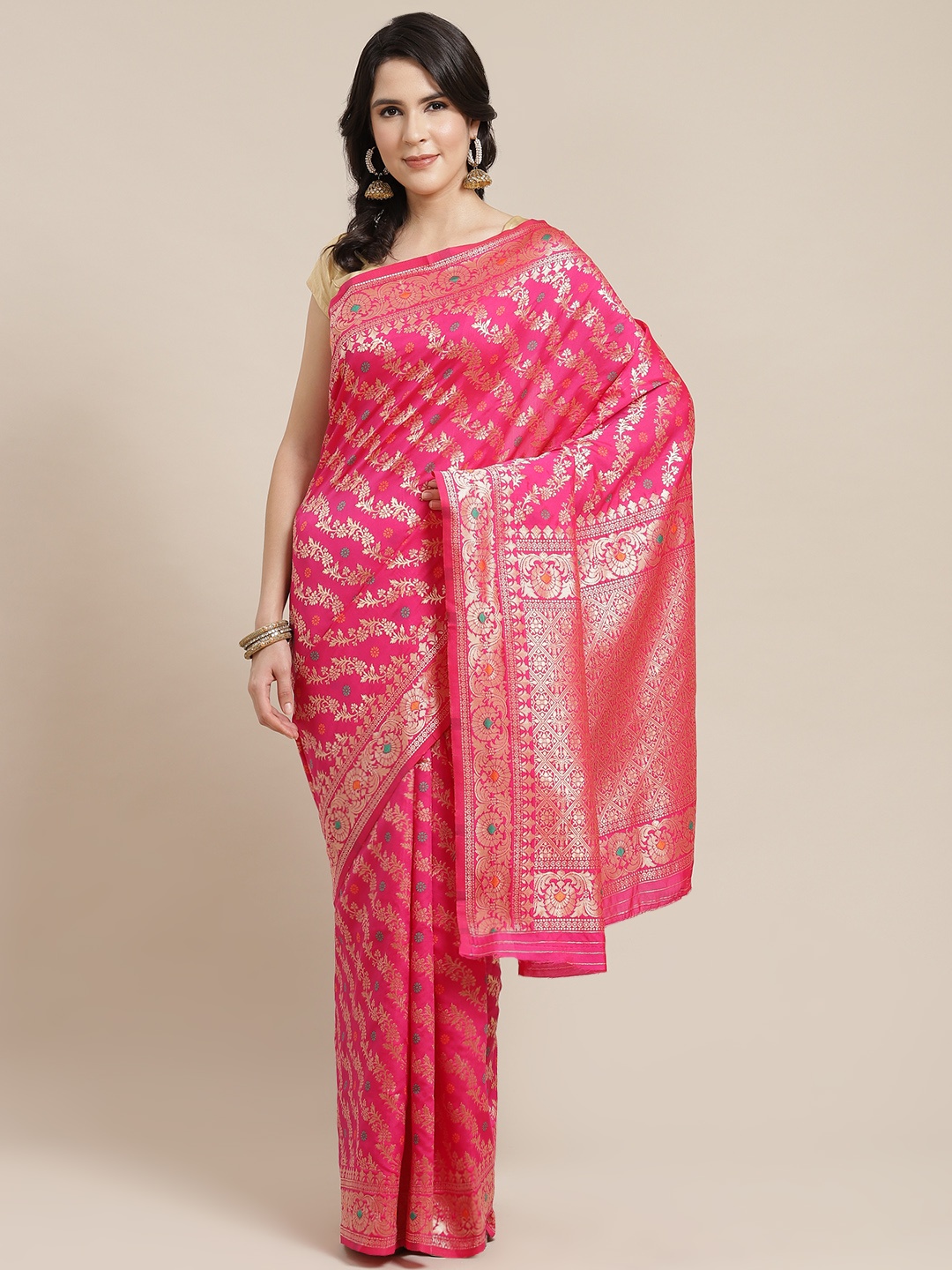 

SHANGRILA Pink & Gold-Toned Ethnic Motifs Zari Art Silk Ready to Wear Saree