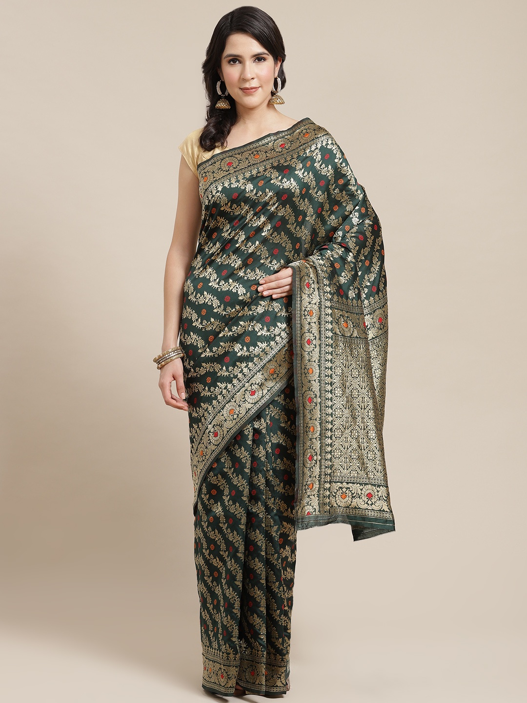 

SHANGRILA Green & Gold-Toned Ethnic Motifs Zari Art Silk Saree