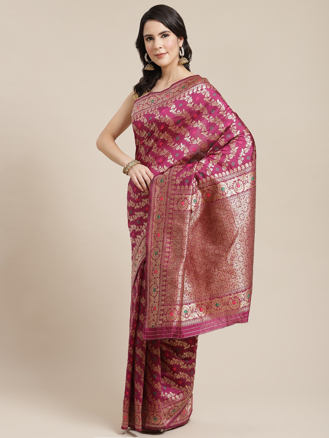 

SHANGRILA Purple & Gold-Toned Woven Design Zari Art Silk Ready to Wear Saree