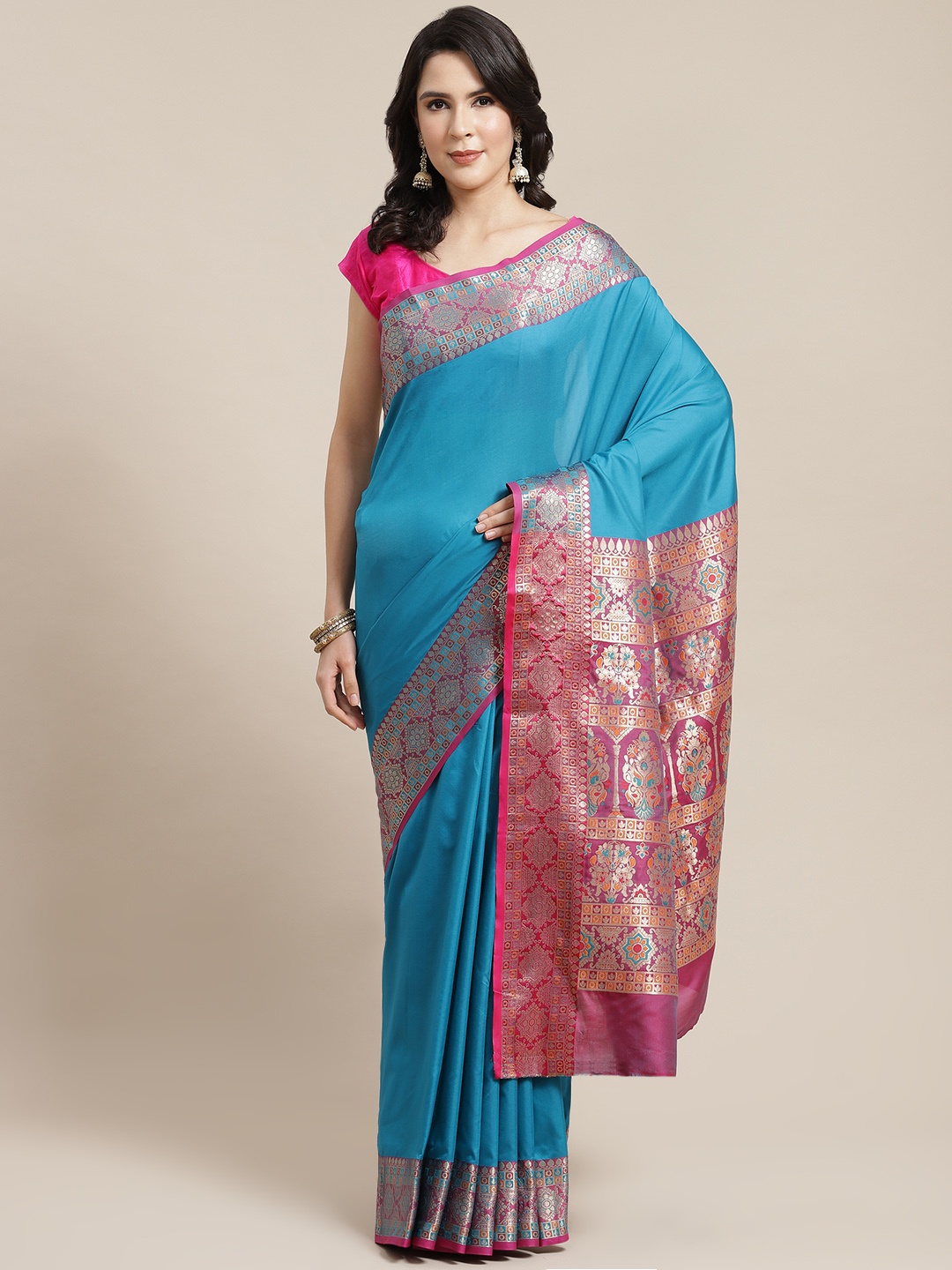 

SHANGRILA Teal & Pink Woven Design Zari Art Silk Ready to Wear Saree