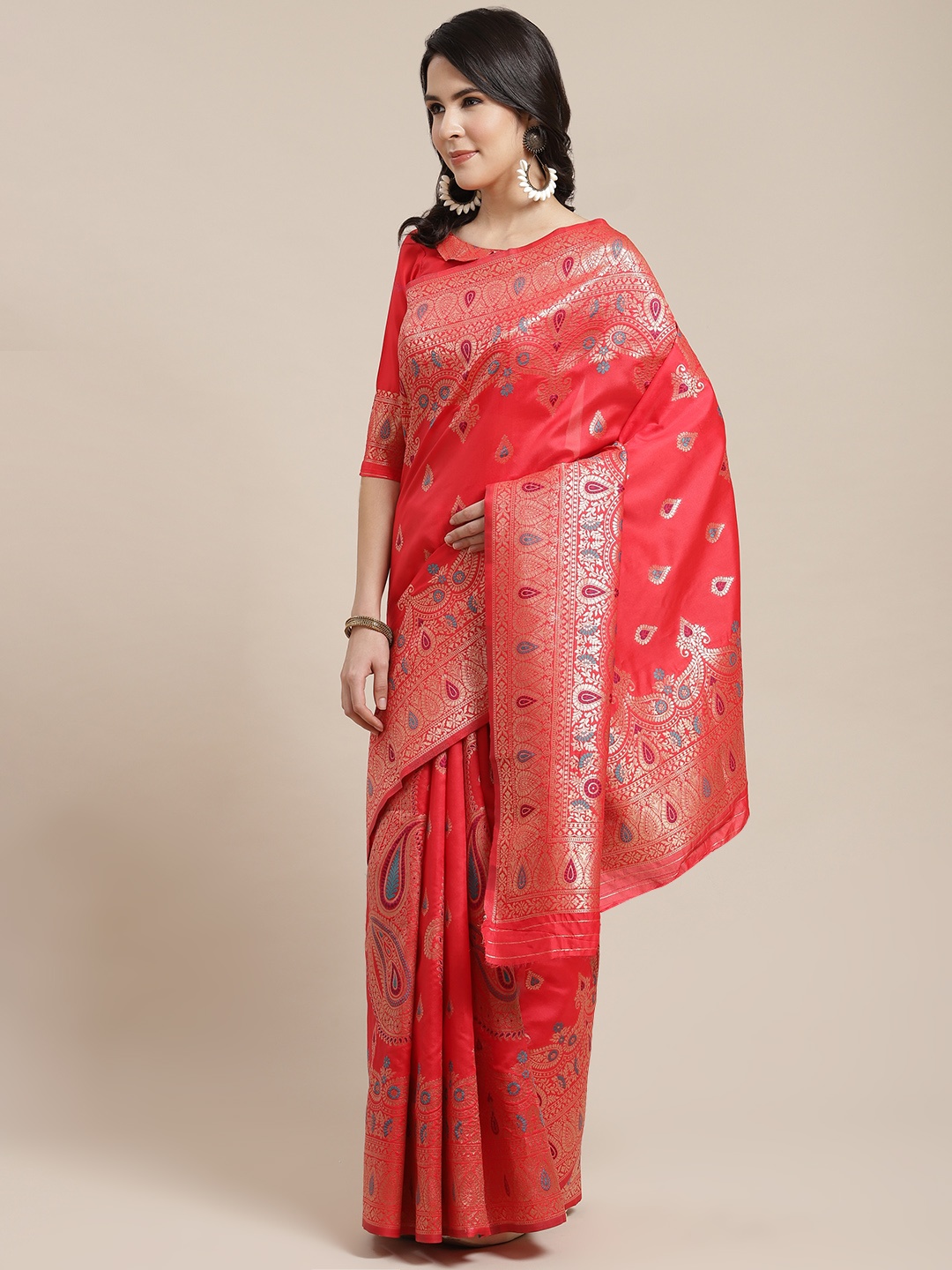 

SHANGRILA Red & Gold-Toned Ethnic Motifs Zari Art Silk Saree