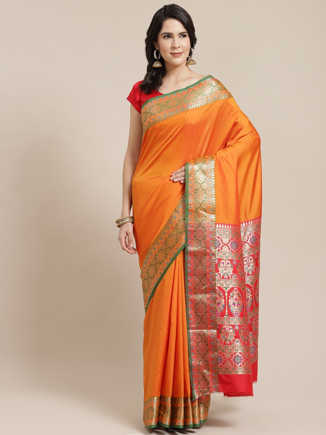 

SHANGRILA Orange & Pink Ethnic Motifs Zari Art Silk Saree