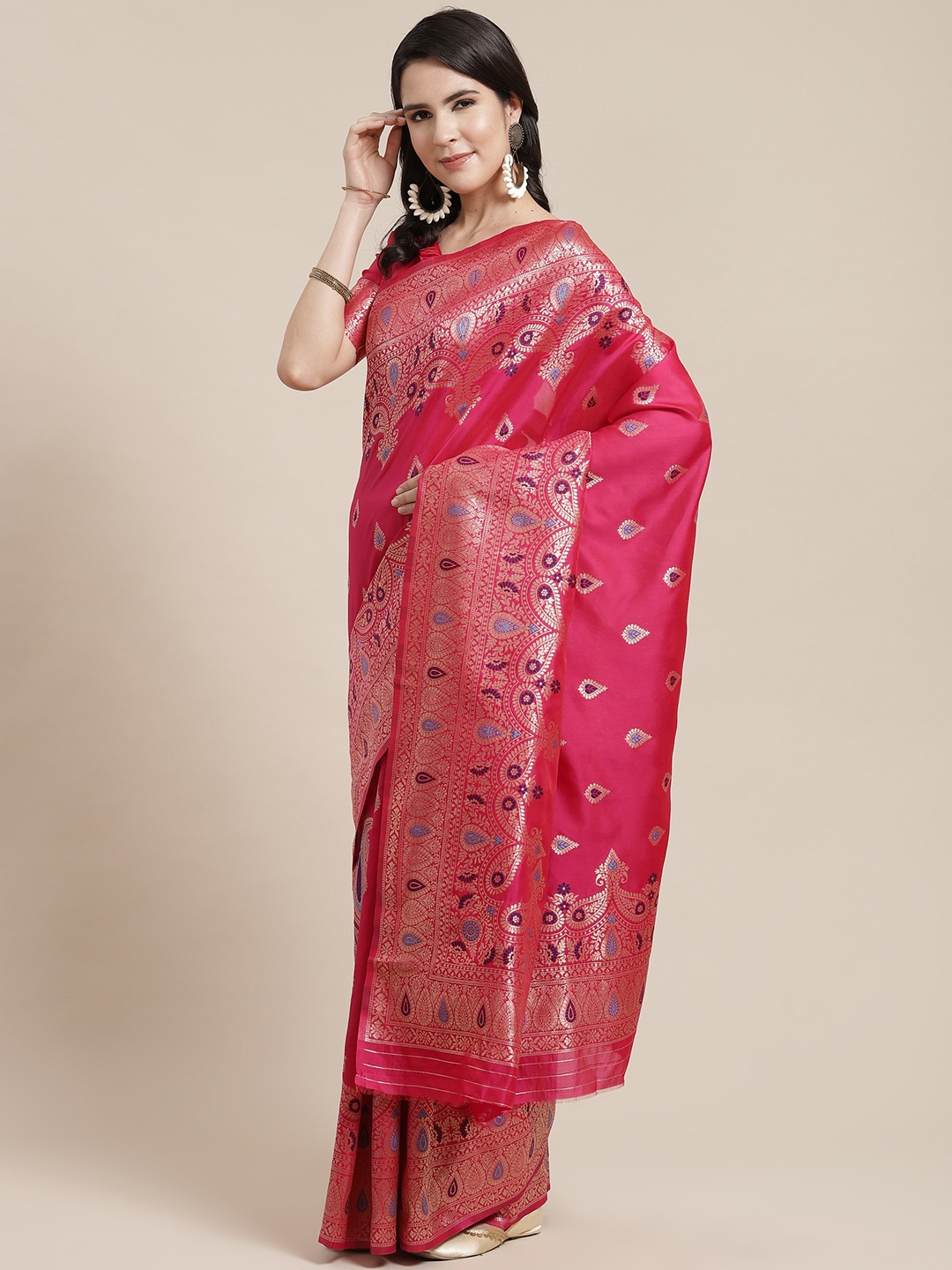 

SHANGRILA Pink & Gold-Toned Ethnic Motifs Zari Art Silk Saree