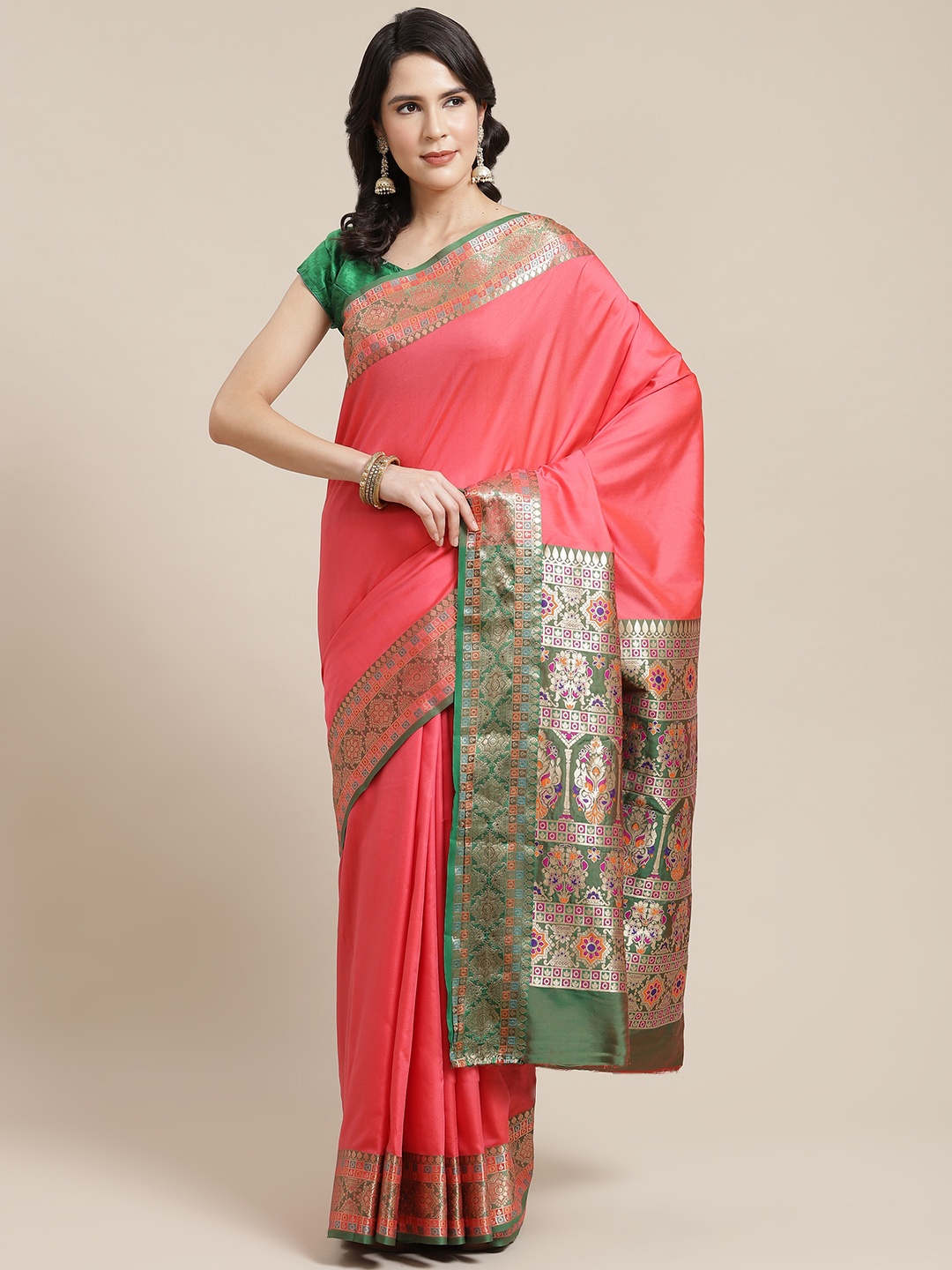 

SHANGRILA Peach-Coloured & Green Ethnic Motifs Zari Art Silk Saree