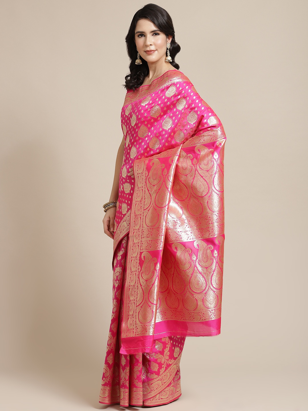 

SHANGRILA Pink & Gold-Toned Ethnic Motifs Zari Art Silk Ready to Wear Saree
