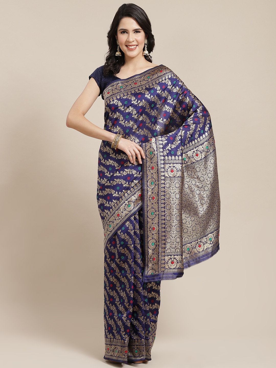 

SHANGRILA Navy Blue & Gold-Toned Woven Design Zari Art Silk Ready to Wear Saree