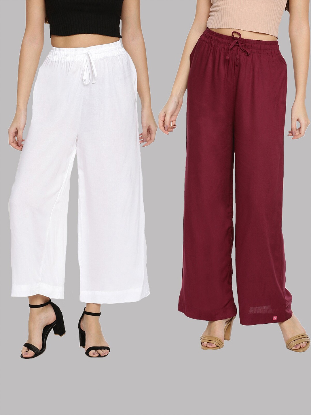 

TWIN BIRDS Women Pack Of 2 White & Maroon Solid Wide Leg Palazzos