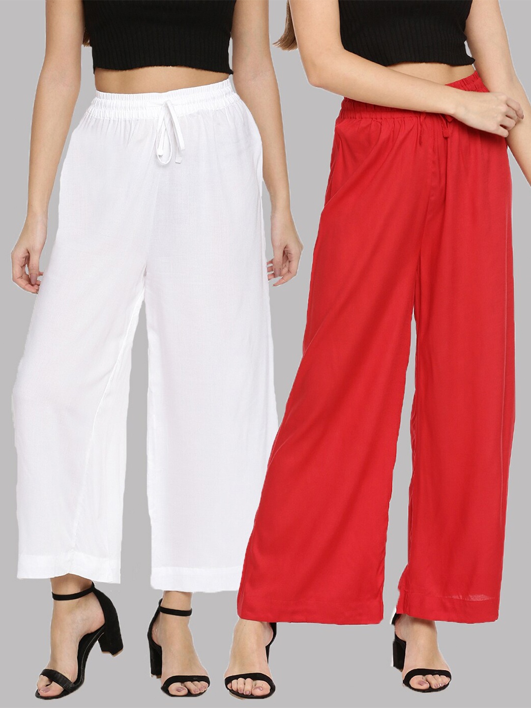 

TWIN BIRDS Women Pack of 2White & Red Palazzos, White