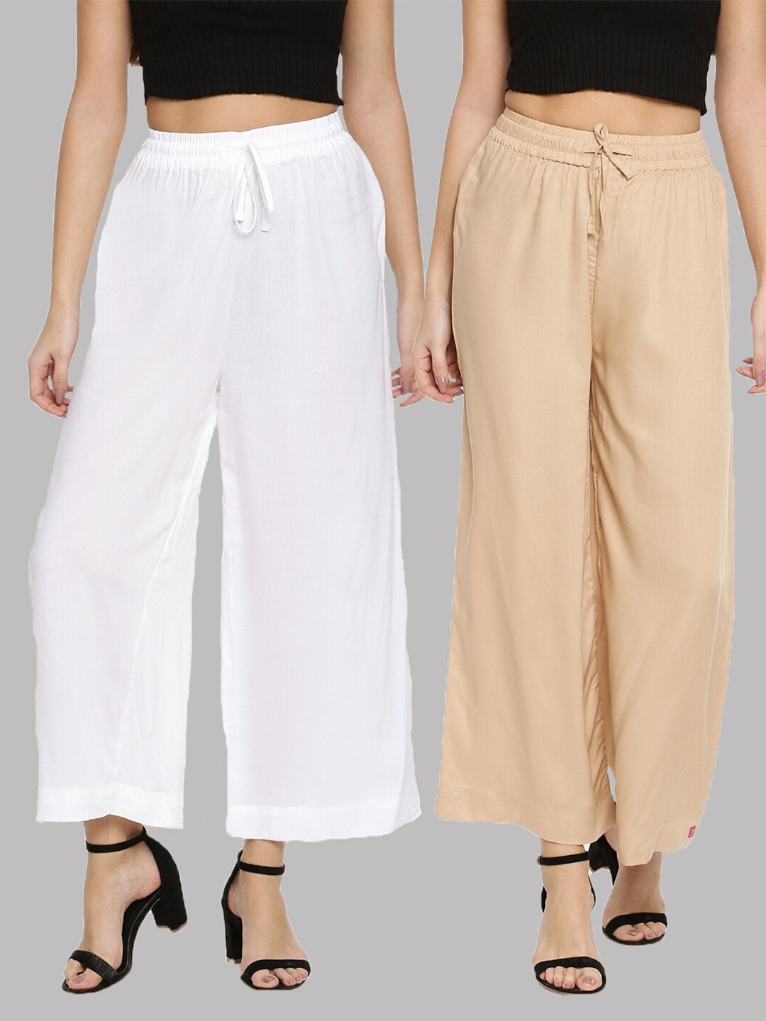 

TWIN BIRDS Women Set of 2 White & Beige Solid Wide Leg Palazzo