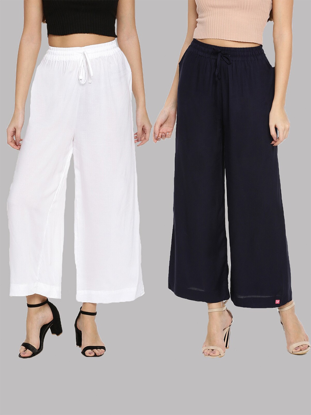 

TWIN BIRDS Women Pack of 2 White & Navy Blue Solid Wide Leg Palazzos