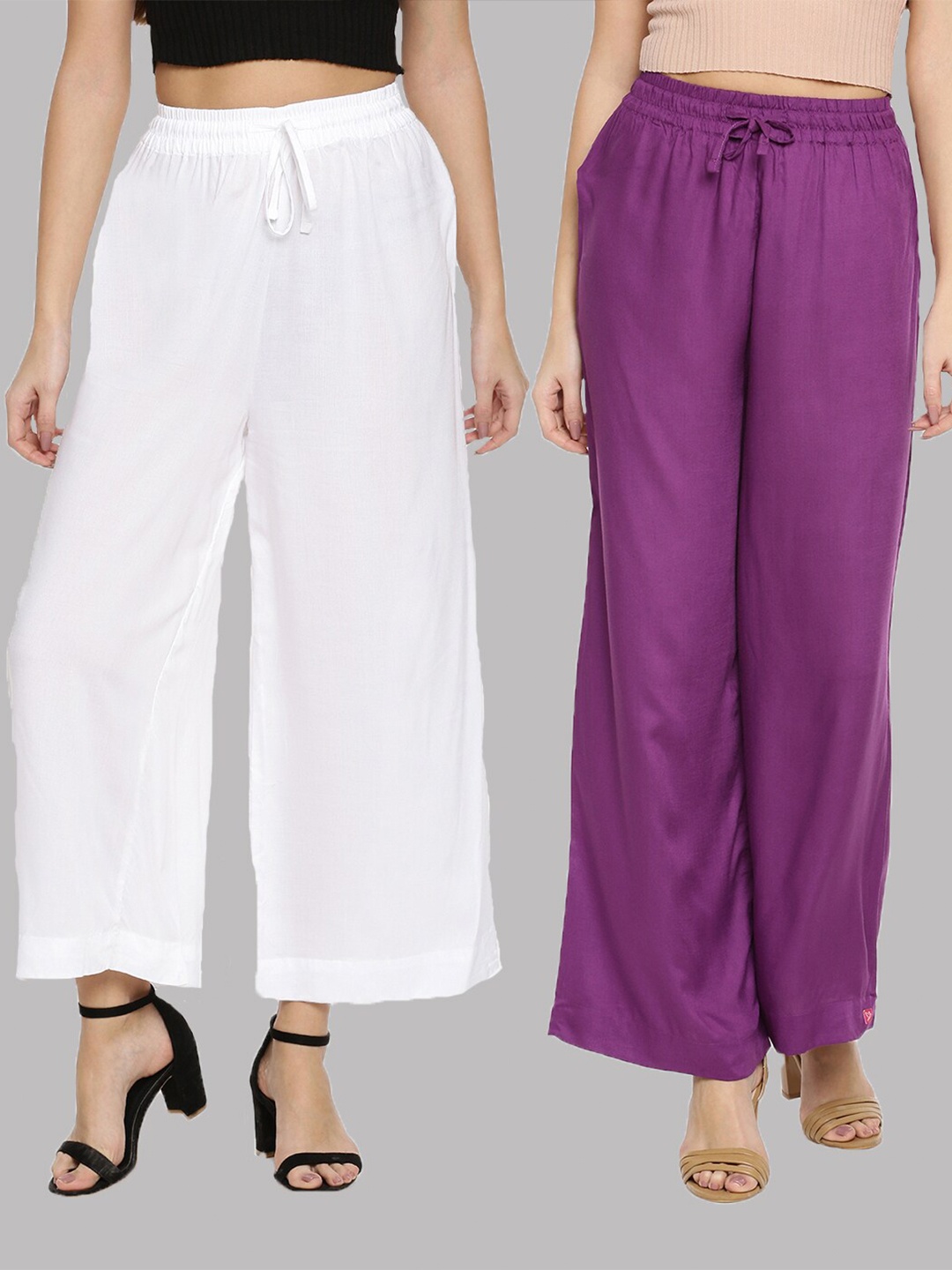 

TWIN BIRDS Pack Of 2 Women White & Purple Palazzos