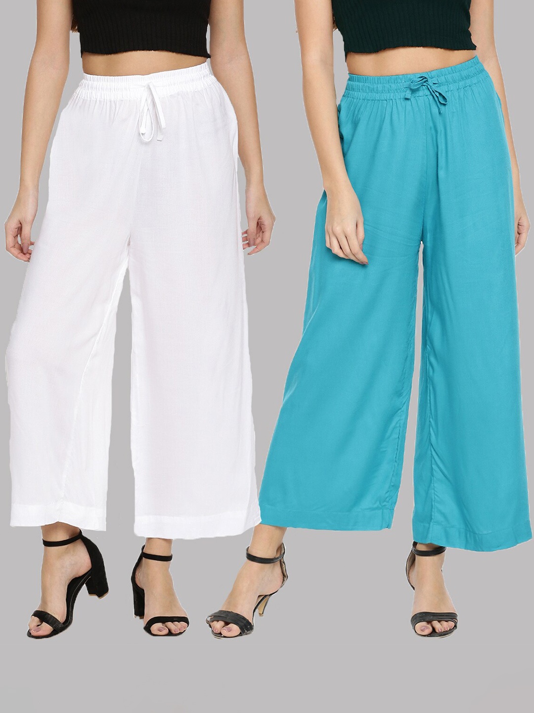 

TWIN BIRDS Women Pack of 2 White & Turquoise Blue Wide Leg Palazzos